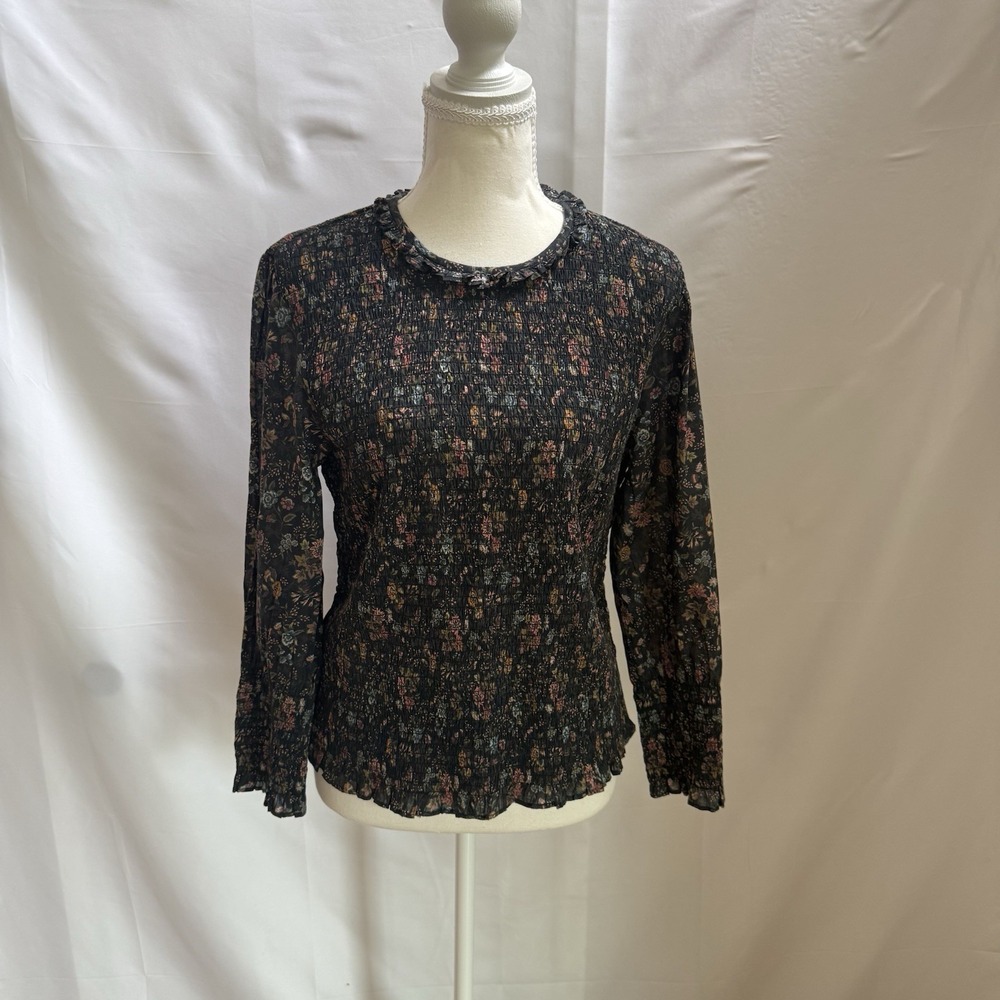Veronica Beard Kali Smocked Floral Top Size 10 Black Cotton Boho Peasant Blouse